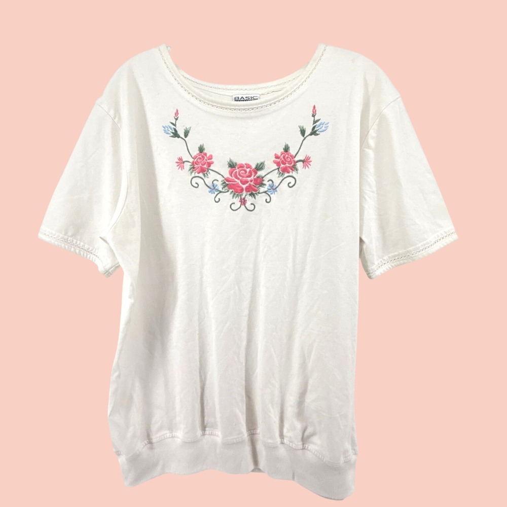 Vintage Basic Editions Floral Embroidered Short Sleeve Top Cream L Cottagecore